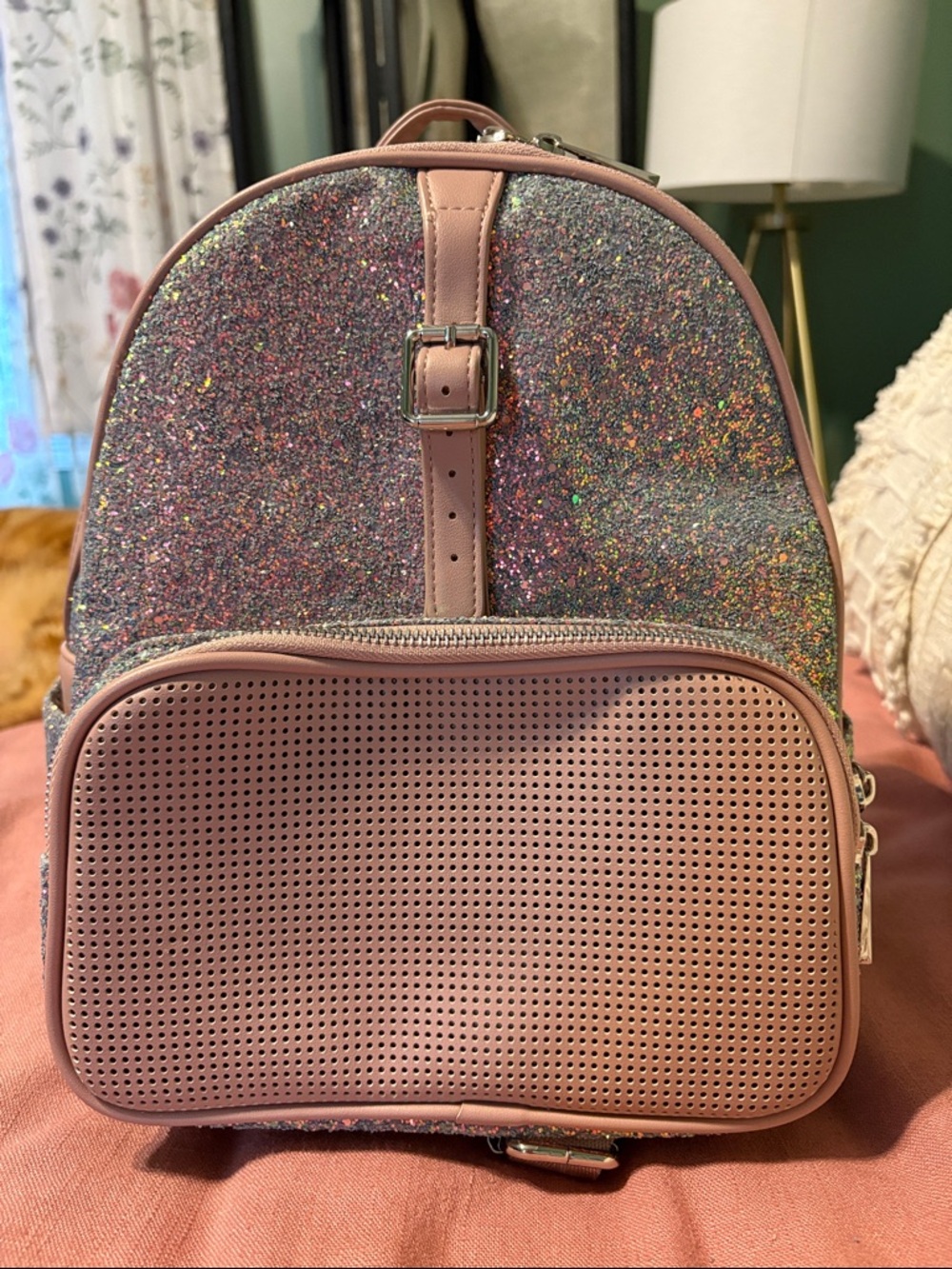 Periwinkle Glitter Mini Backpack with Pin Front Pocket Designer Park Co
